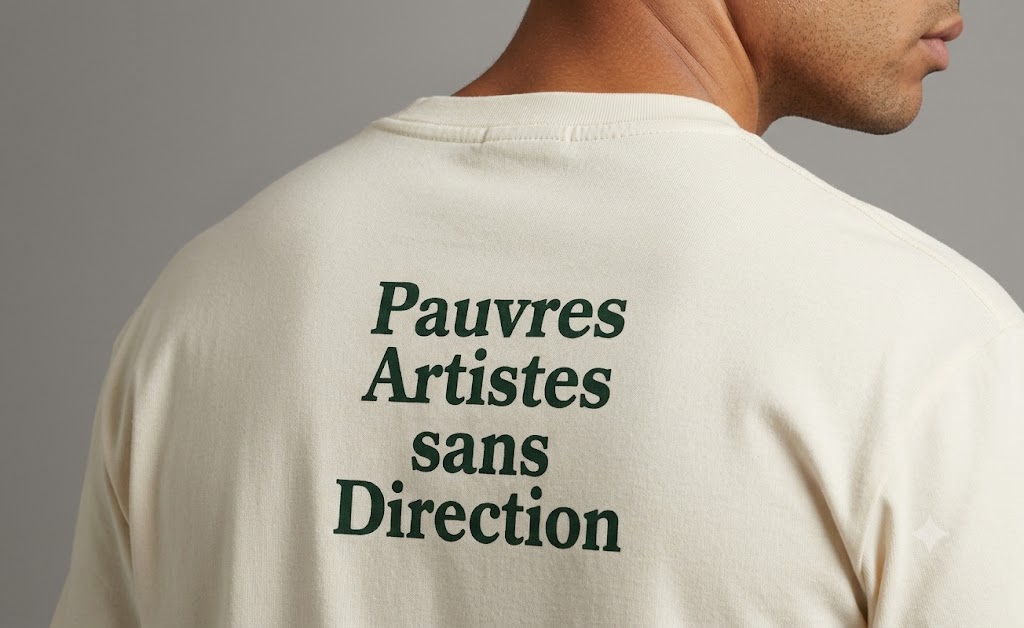 Close-up of the back of a cream T-shirt printed with 'Pauvres Artistes sans Direction' in forest green serif type.